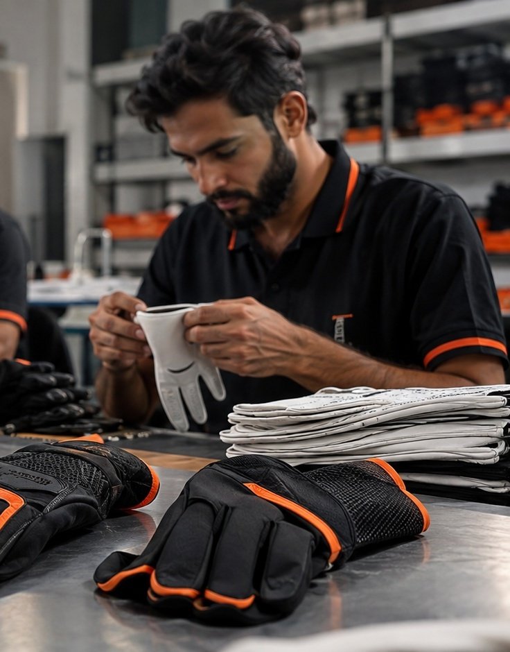 ProGrip craftsman inspecting a finished golf glove on the factory floor