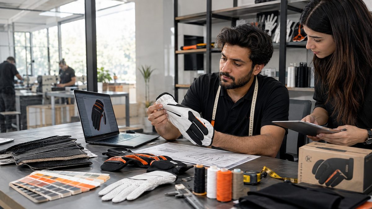 ProGrip product development team reviewing a tech pack and fabric swatches